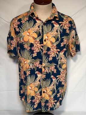 Margaritaville Men’s Navy Blue Parrot Tropical Floral Hawaiian Shirt Size Medium